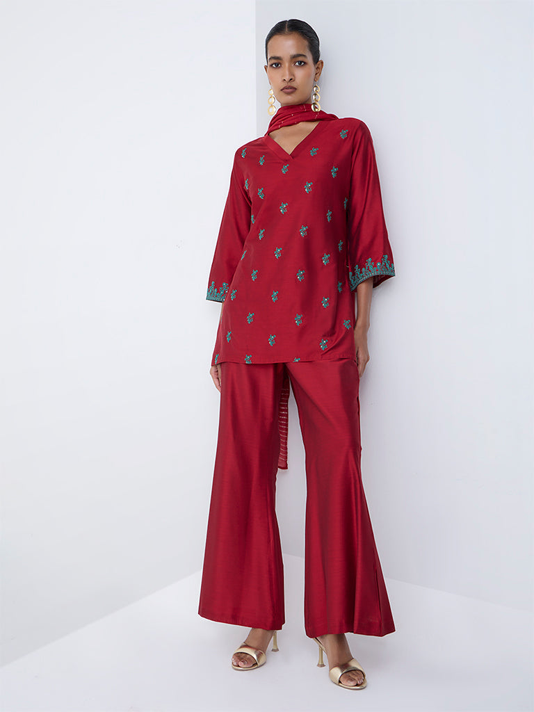 Vark Red Floral Embroidered A-Line Ethnic Set
