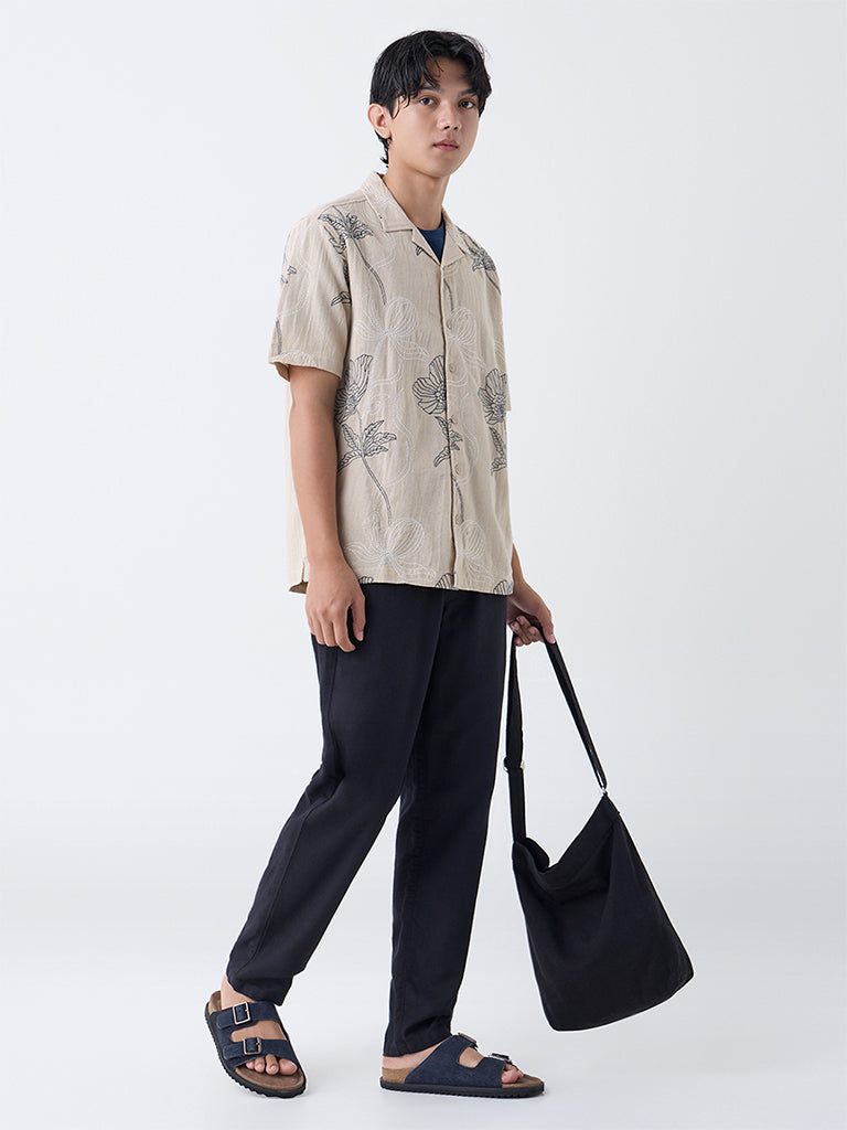 ETA Light Beige Floral Embroidered Relaxed-Fit Cotton Shirt