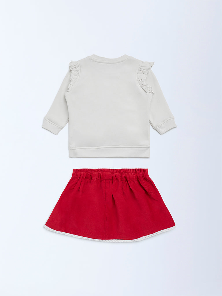 HOP Baby Girls Off-White Embellished Cotton Sweatshirt with Skirt Set