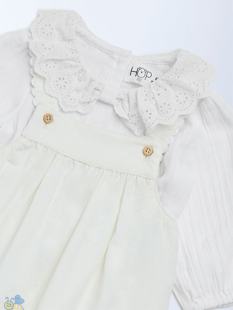 HOP Baby Girls White Embroidered Cotton Pinafore and Top Set
