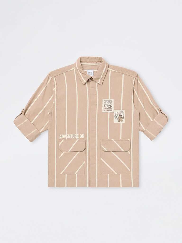 HOP Kids Boys Taupe Striped Cotton Shirt