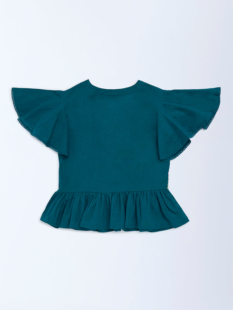 Utsa Kids Girls Teal Floral Embroidered Peplum Cotton-Blend Top - (8-14 yrs)
