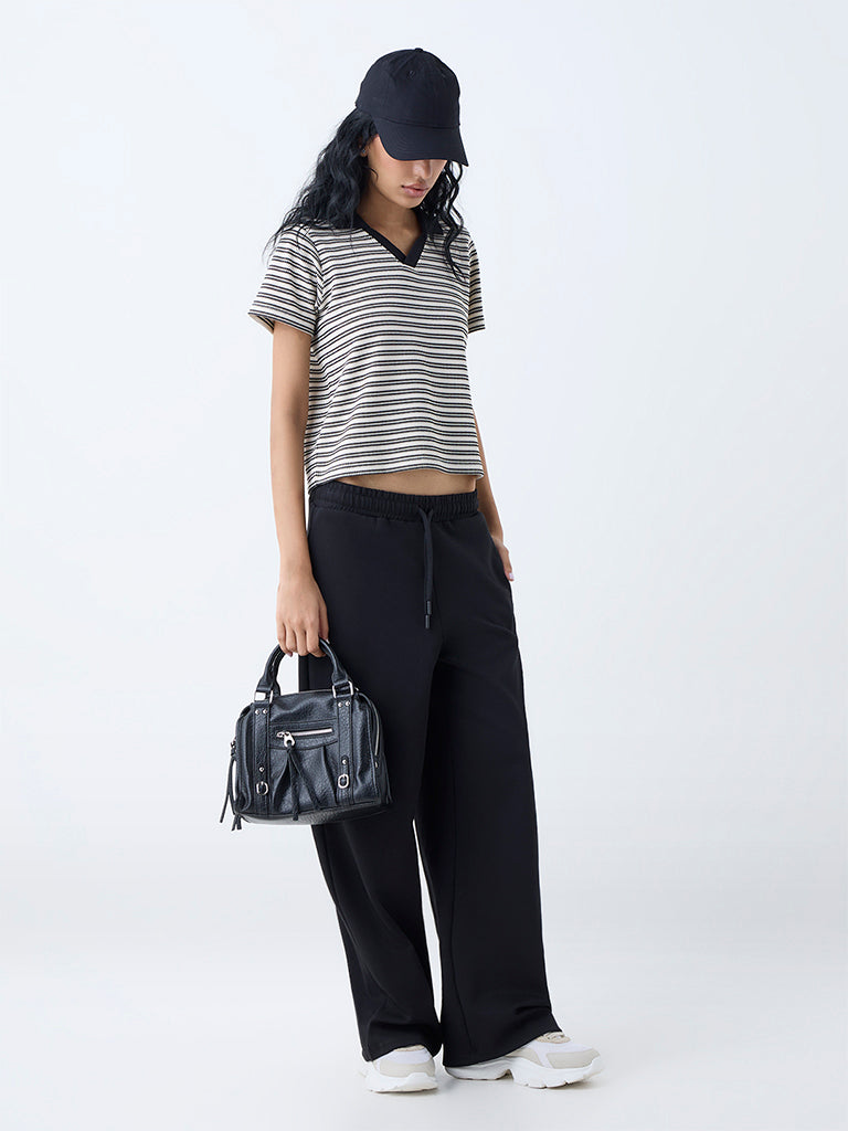 Studiofit Cream Striped Cotton-Blend T-Shirt
