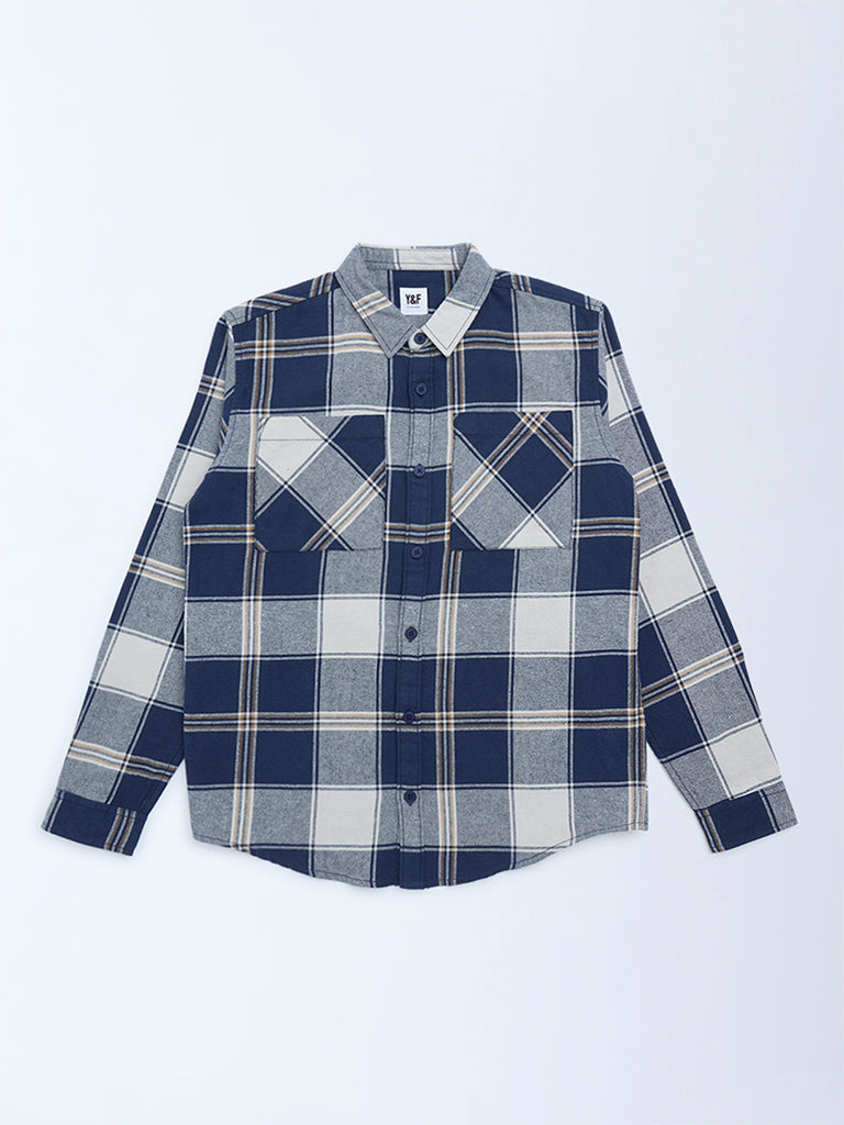 Boys Navy Checks Printed Cotton Shirt