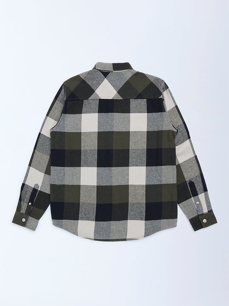 Boys Olive Checks Design Cotton Shirt