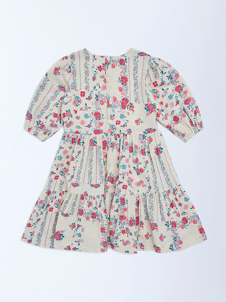Utsa Kids Girls Off-White Floral Cotton-Blend Tiered Dress - (2-8 yrs)