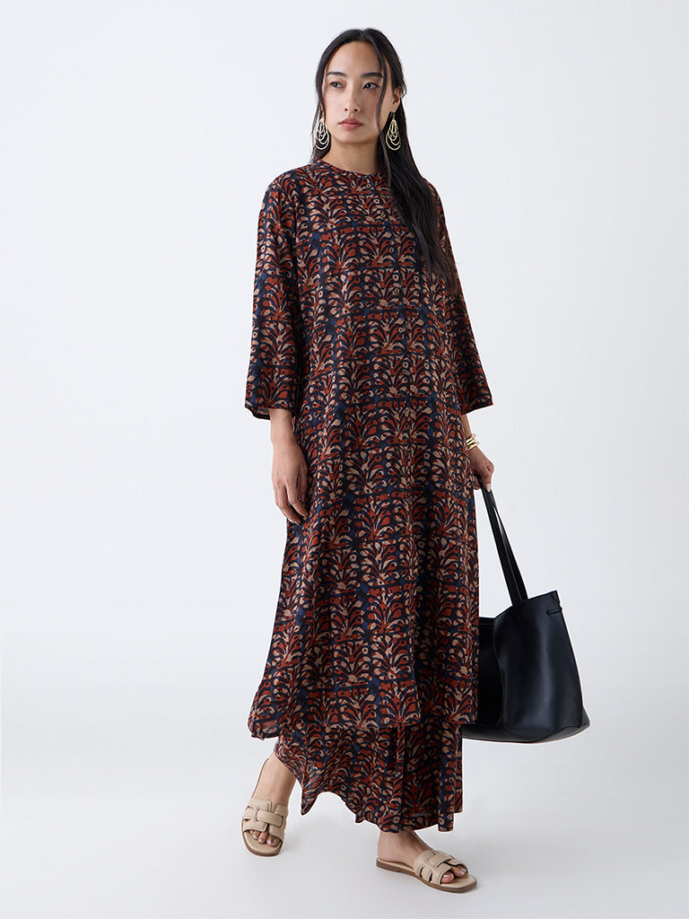 Utsa Maroon Block Print A-Line Kurta