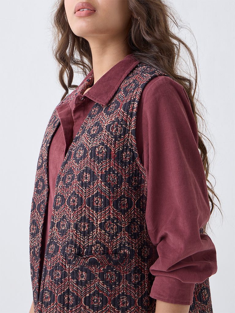 Utsa Black Printed Reversible Cotton Jacket