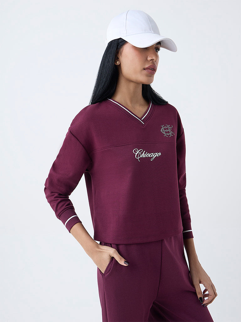 Studiofit Wine Text Pattern Cotton-Blend T-Shirt