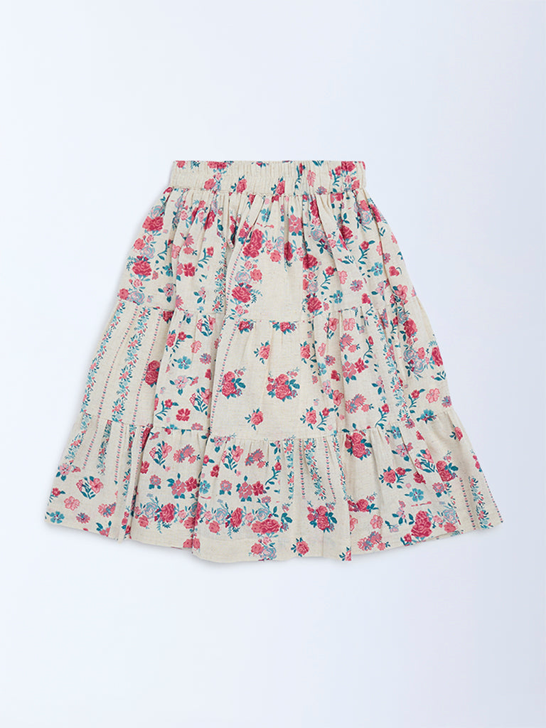 Utsa Kids Girls Off-White Floral Pattern Cotton-Blend Tiered Skirt - (2-8 yrs)