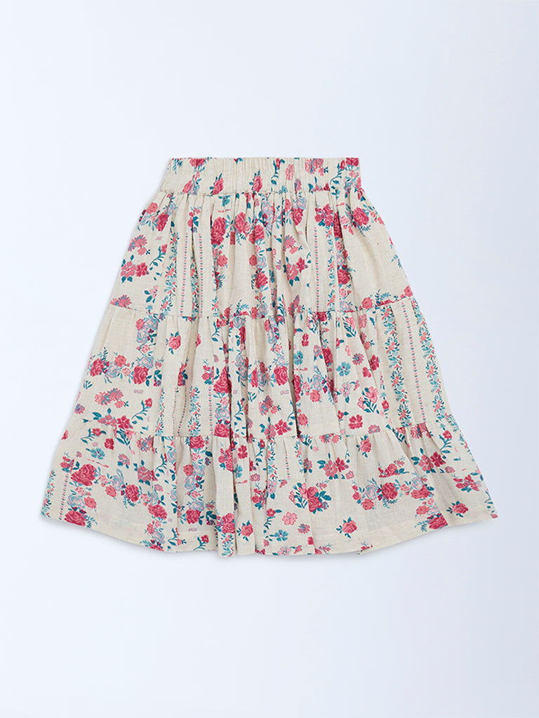 Utsa Kids Girls Off-White Floral Pattern Cotton-Blend Tiered Skirt - (2-8 yrs)