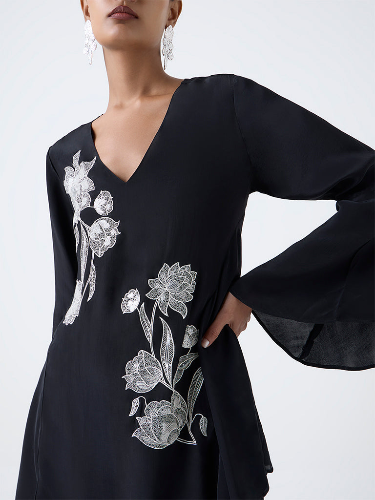 Vark Black Floral Embroidered Ethnic Set
