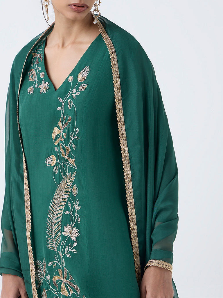 Vark Green Floral Embroidered A-Line Ethnic Set