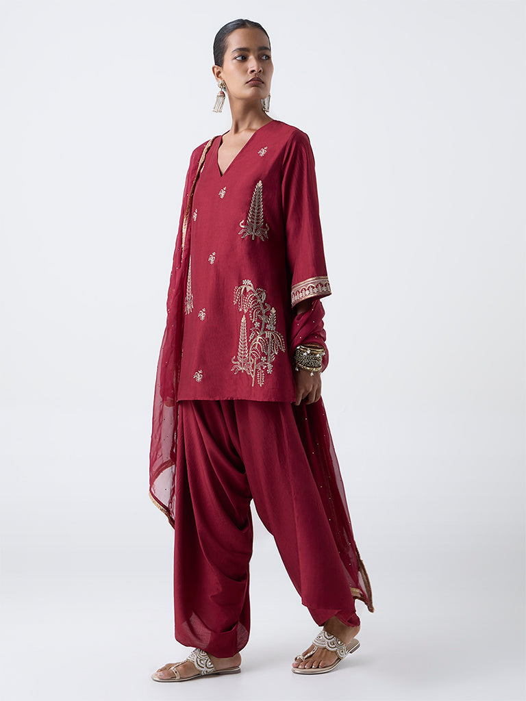 Vark Red Embroidered A-Line Ethnic Set