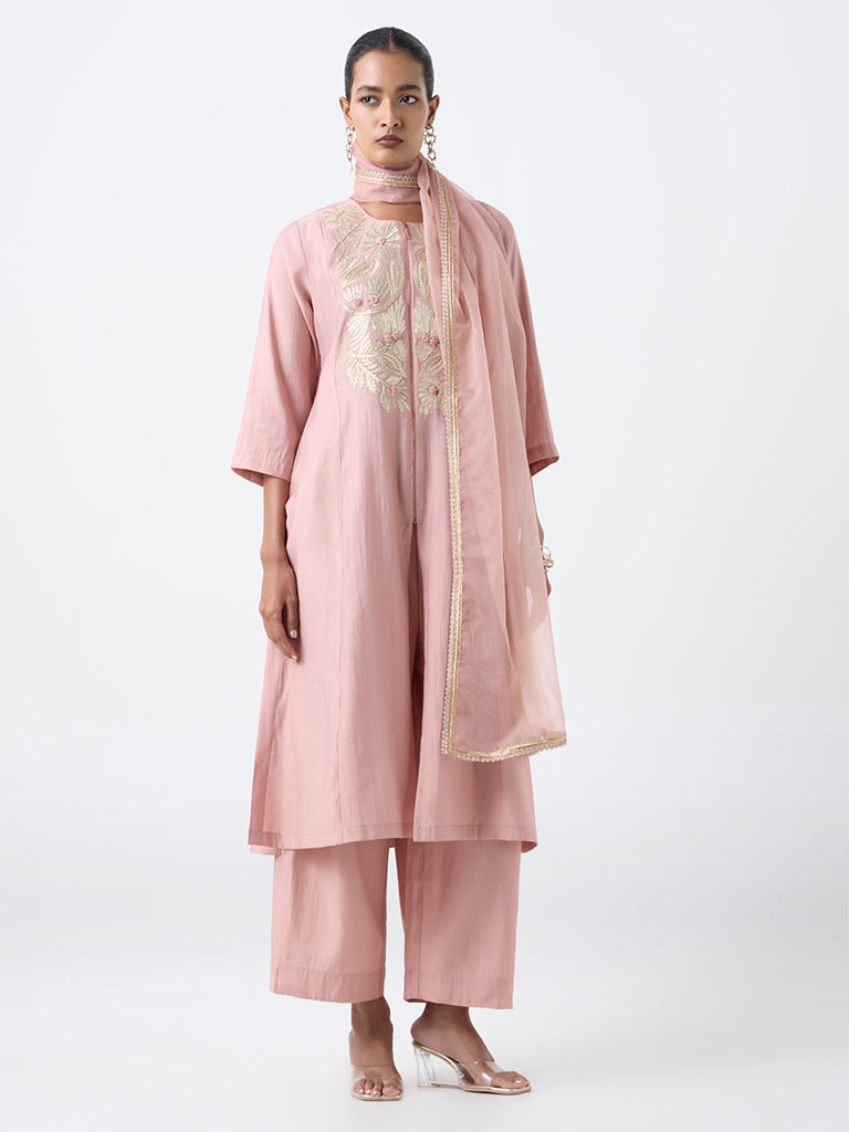 Vark Blush Pink Floral Embroidered A-Line Cotton-Blend Ethnic Set