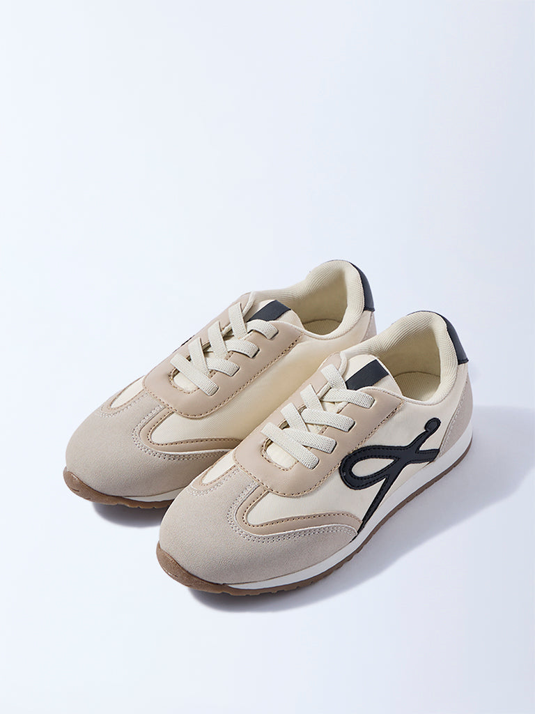Yellow Beige Colour-Blocked Suede Sneakers