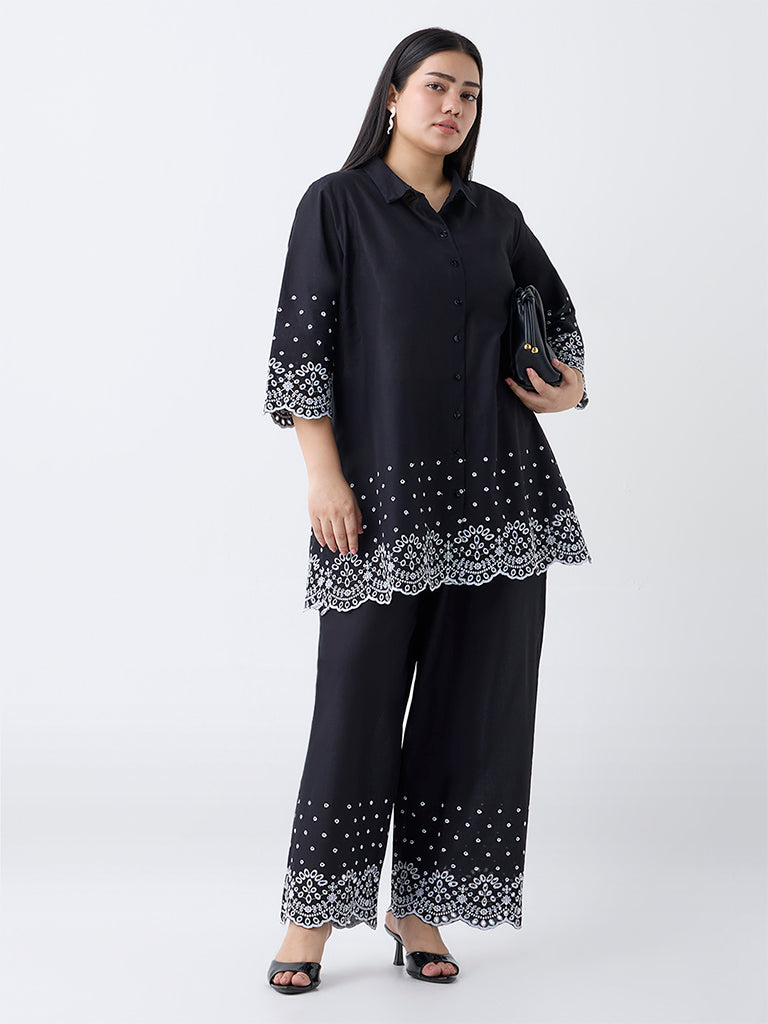 Diza Black Schiffli Embroidered Cotton Palazzos