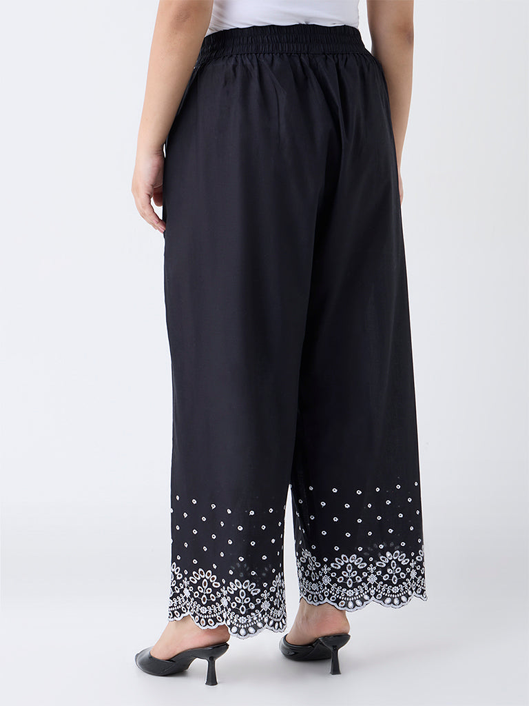 Diza Black Schiffli Embroidered Cotton Palazzos