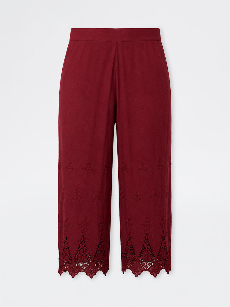 Diza Red Floral Embroidered Cotton Pants