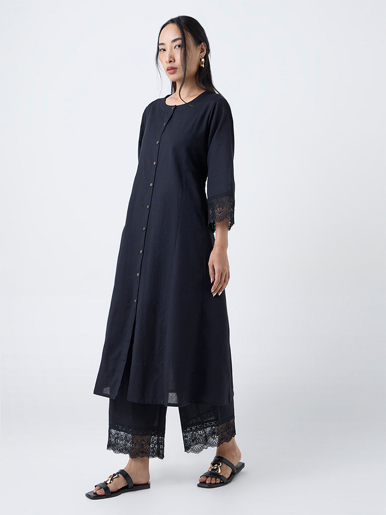 Utsa Black Lace-Detailed Cotton-Blend A-Line Kurta