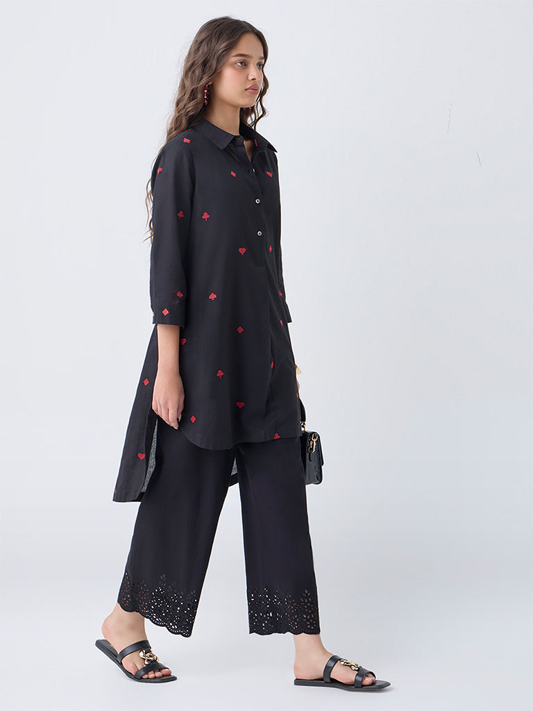 Utsa Black Embroidered Cotton-Blend High-Low Kurta