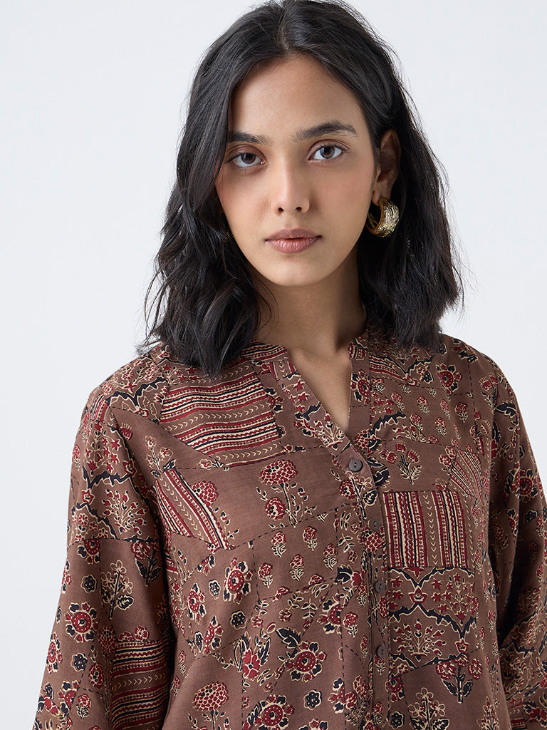 Utsa Brown Floral Design Tunic