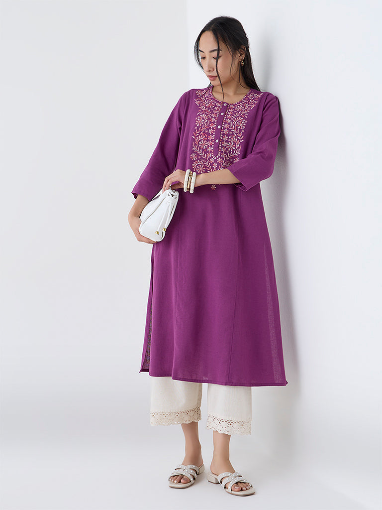 Utsa Plum Floral Embroidered Cotton-Blend A-Line Kurta