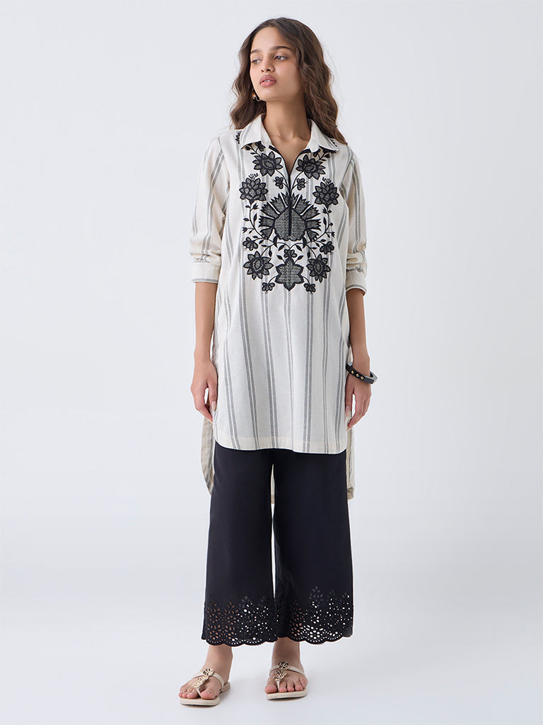 Utsa Off-White Embroidered Cotton-Blend High-Low Kurta