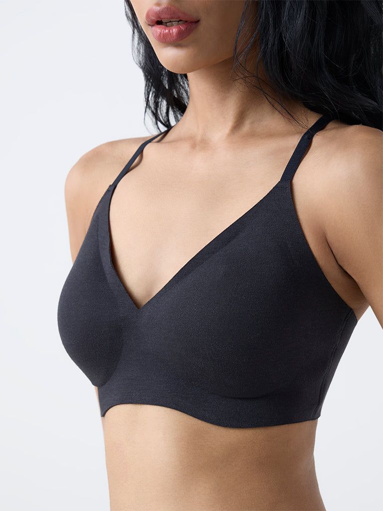 Superstar Black Invisible Padded Cotton-Blend Bra