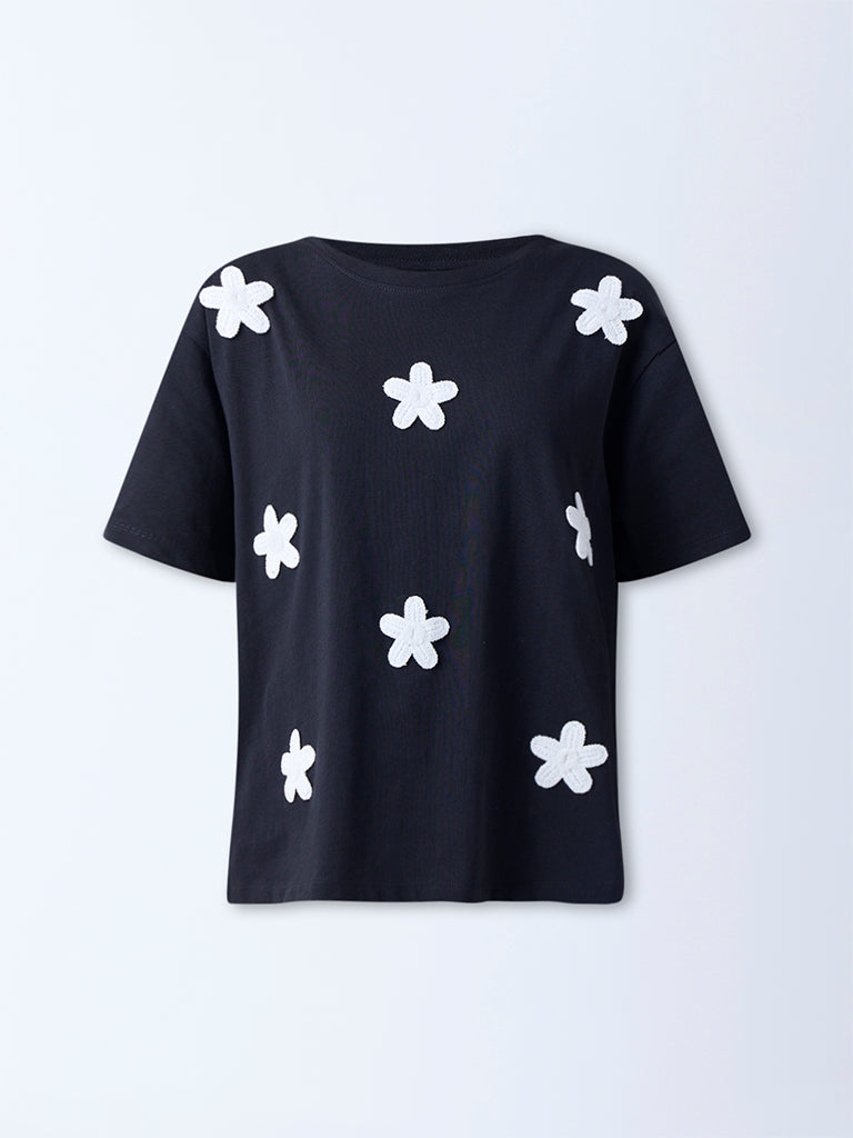 LOV Black Floral Embroidered Cotton T-Shirt