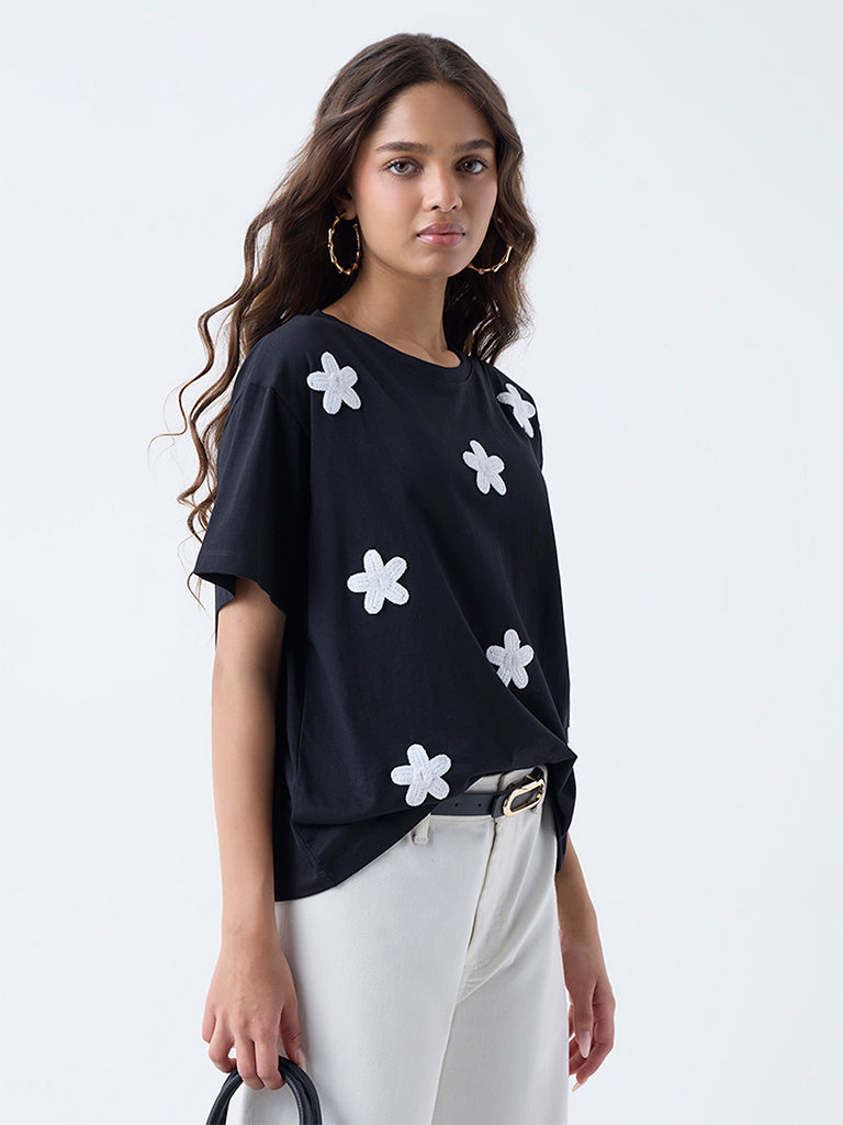 LOV Black Floral Embroidered Cotton T-Shirt