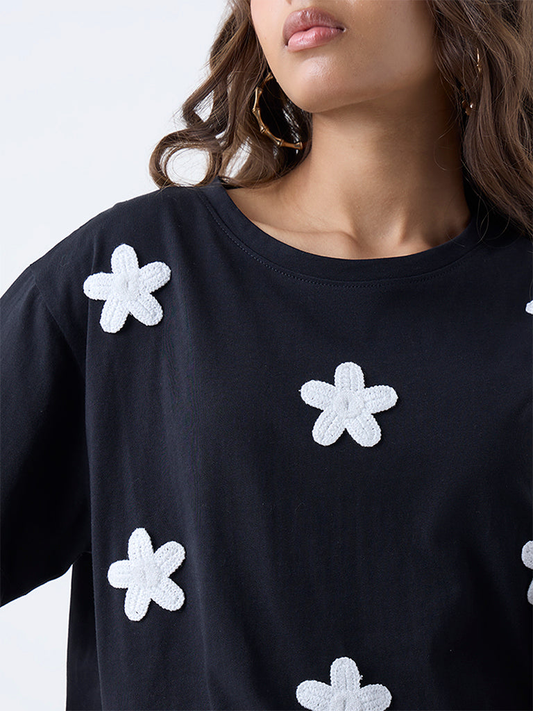 LOV Black Floral Embroidered Cotton T-Shirt