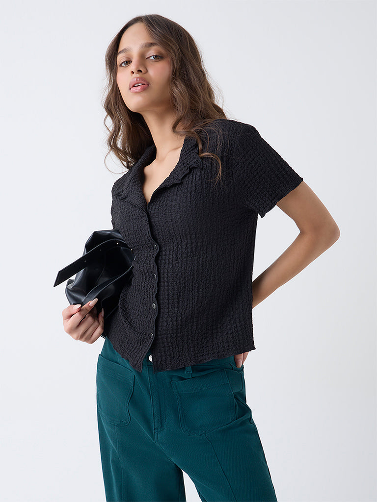 LOV Black Popcorn-Textured Shirt