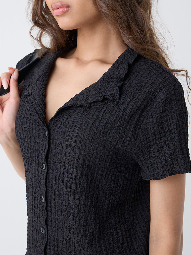 LOV Black Popcorn-Textured Shirt