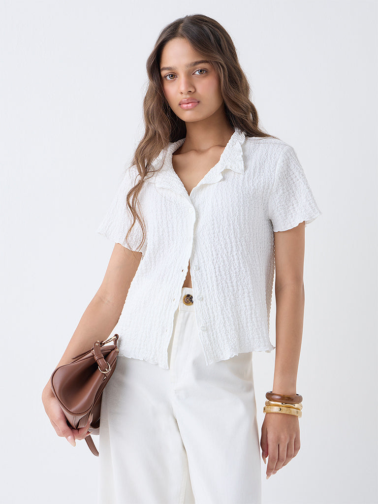 LOV White Popcorn-Textured Shirt