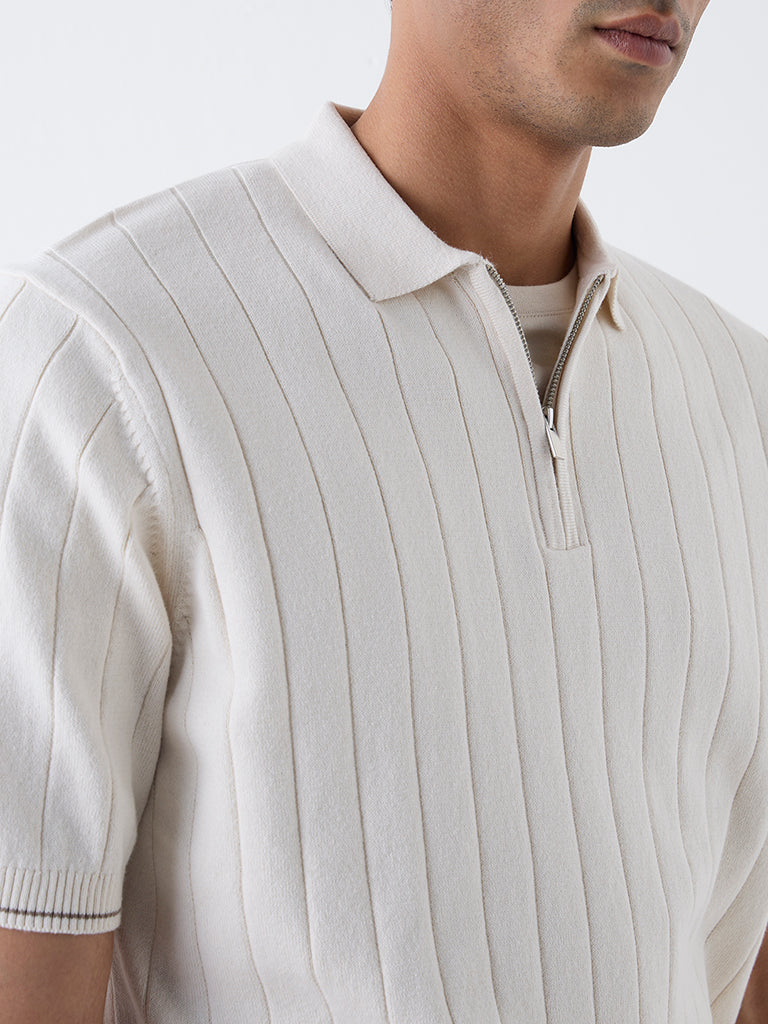 Ascot Off-White Relaxed-Fit Cotton-Blend Quarter-Zip Polo T-Shirt