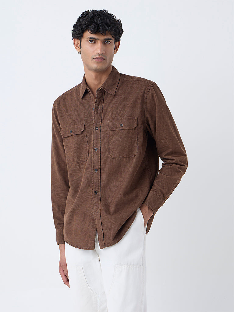 WES Casuals Brown Textured Relaxed-Fit Cotton Shirt