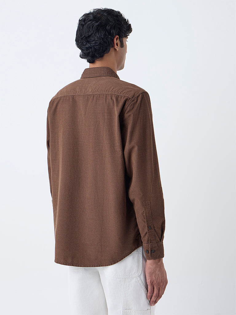 WES Casuals Brown Textured Relaxed-Fit Cotton Shirt