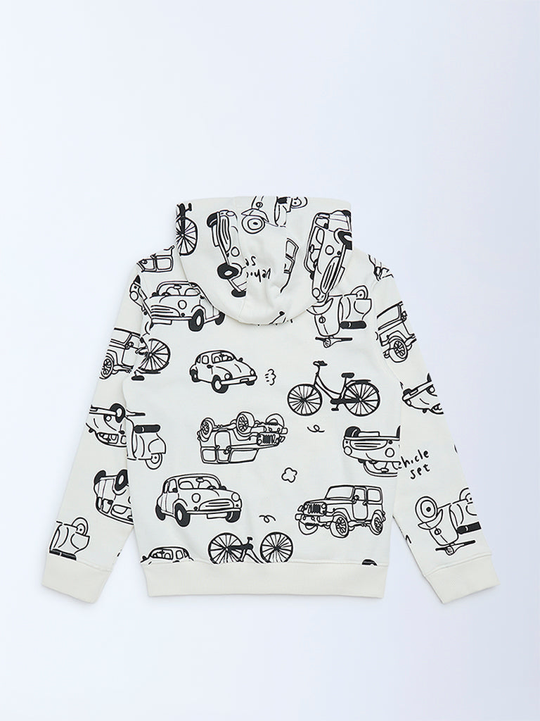HOP Kids Boys White Printed Cotton-Blend Hooded Jacket