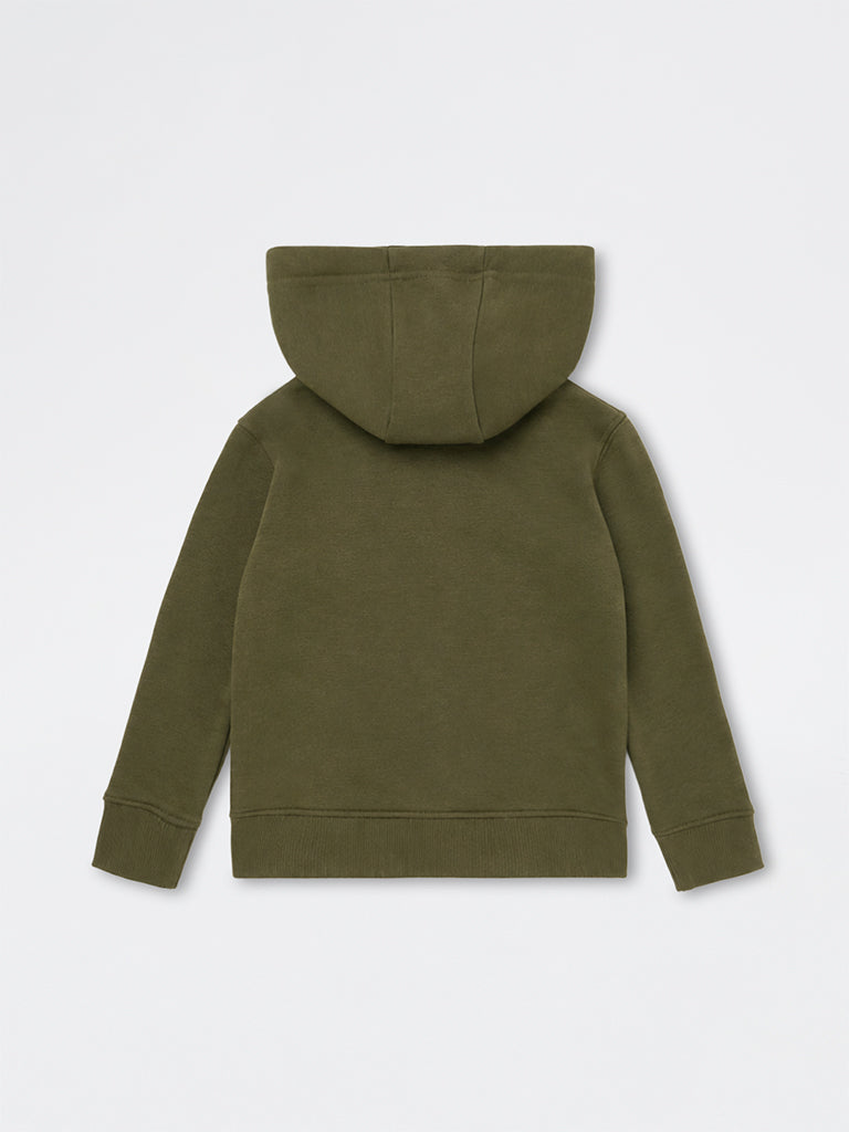 HOP Kids Boys Dark Olive Printed Cotton-Blend Hooded Sweatshirt