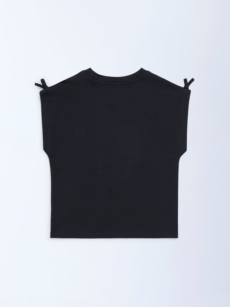 HOP Kids Girls Black Embellished Cotton T-Shirt