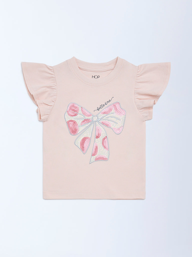 HOP Kids Girls Pink Sequin Bow Design Cotton Top