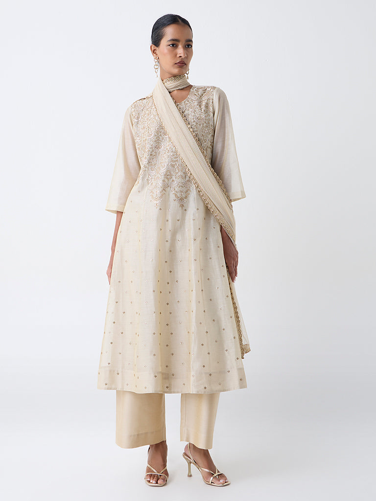 Vark Beige Floral Embroidered A-Line Ethnic Set