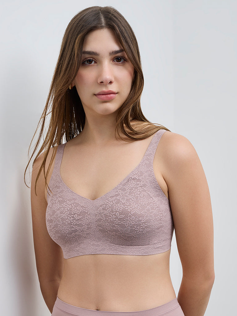 Wunderlove Beige Floral Invisible Lace Padded Bra