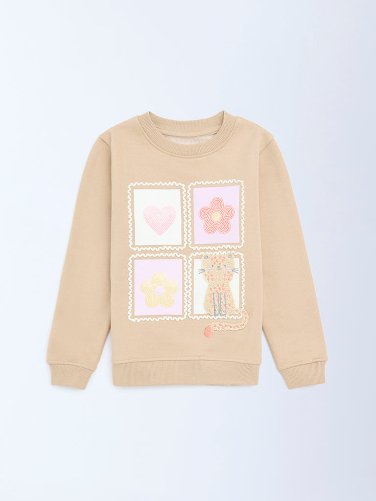 HOP Kids Girls Beige Embroidered Cotton-Blend Sweatshirt