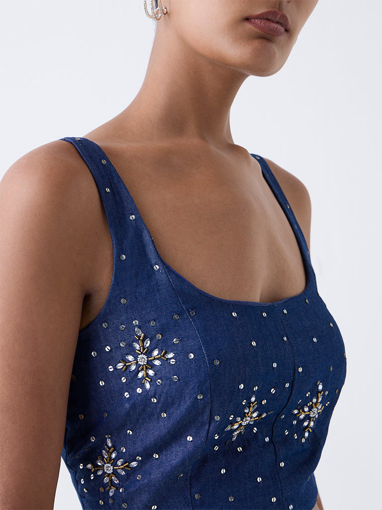 Vark Blue Embellished Cotton Ethnic Top