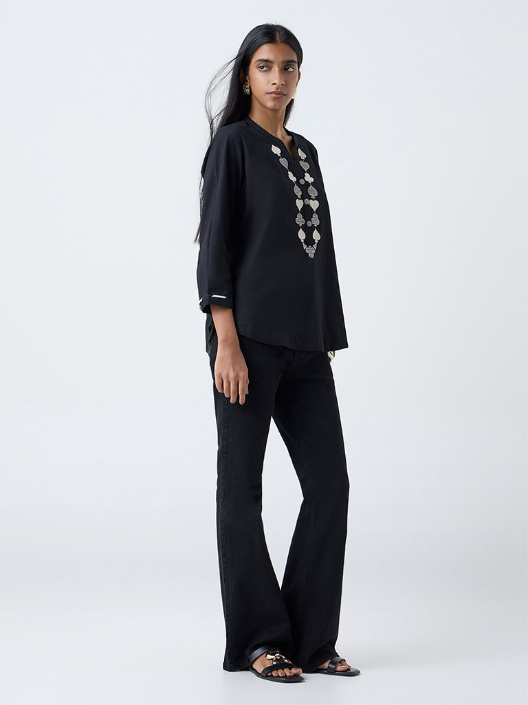 Utsa Black Embroidered Cotton-Blend Tunic
