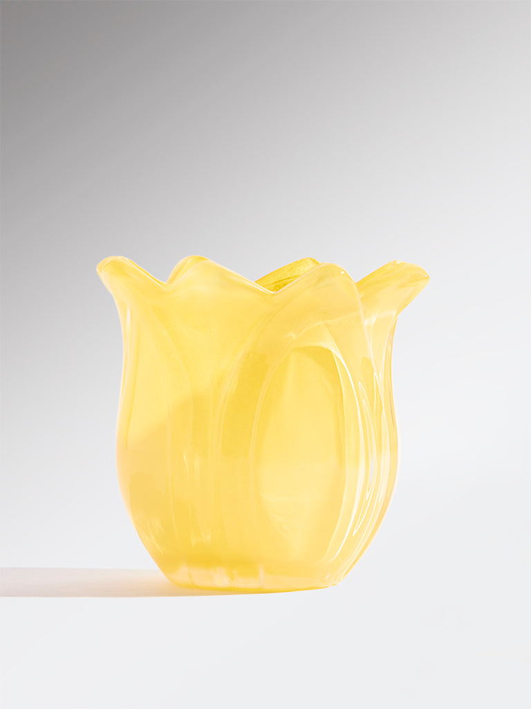Westside Home Yellow Glass Lotus Tealight Candle Holder