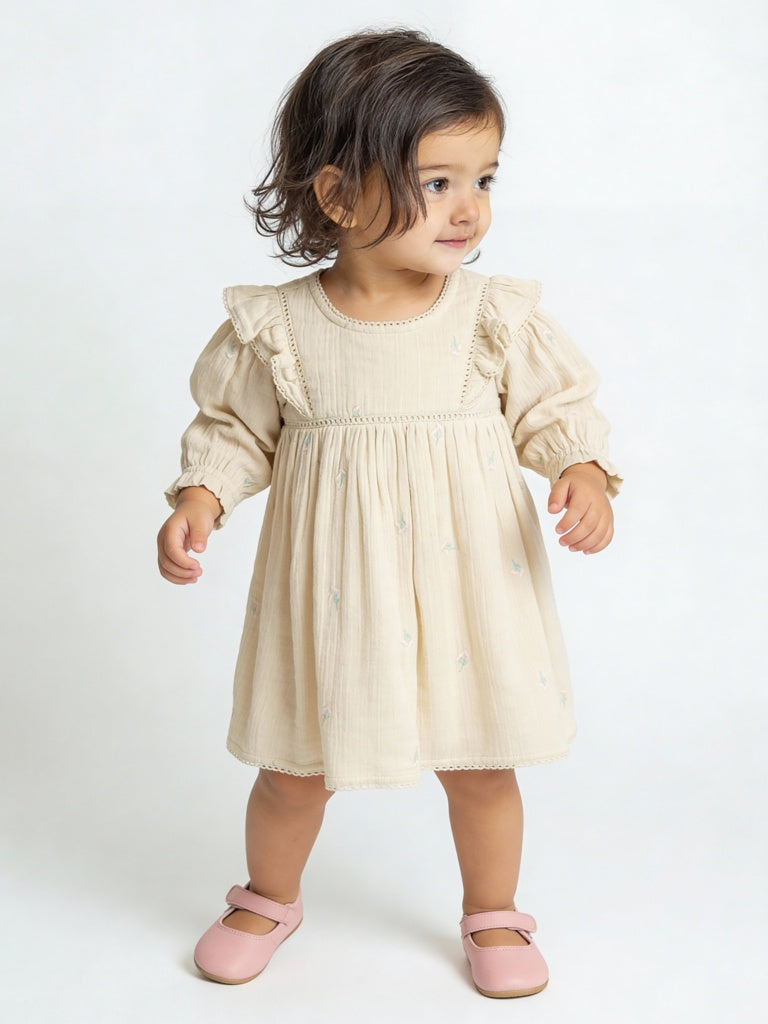 HOP Baby Girls Beige Floral Embroidered A-Line Cotton Dress