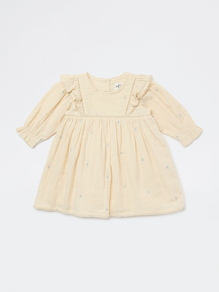HOP Baby Girls Beige Floral Embroidered A-Line Cotton Dress